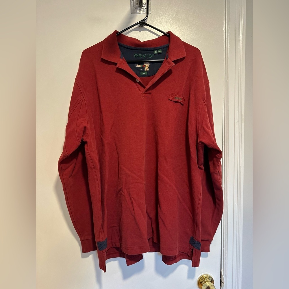 Orvis Dusty Red SzXL TALL long-sleeve heavy knit piqué Preppy polo Fly Fish Logo